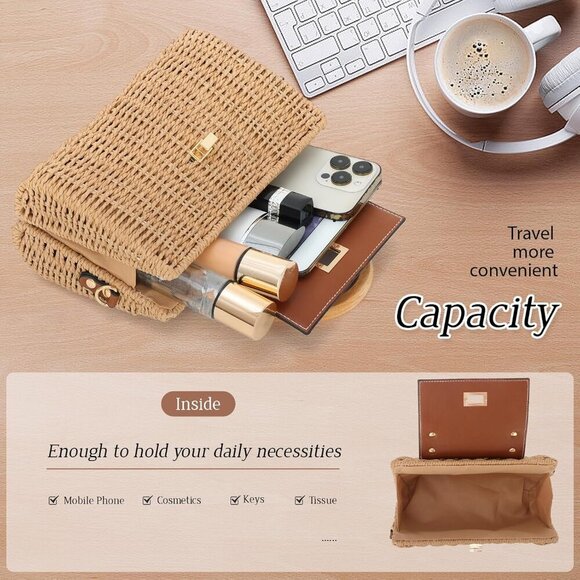 Women's Rattan Straw Crossbody Bag with Wood Handle Summer Beach Purse - Picture 4 of 6